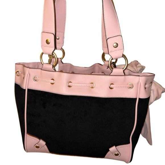 JUICY COUTURE EXCLUSIVE JUICY LOVERS CLUB BLING CROWN TOTE BLACK VELOUR & PINK - Picture 5 of 11